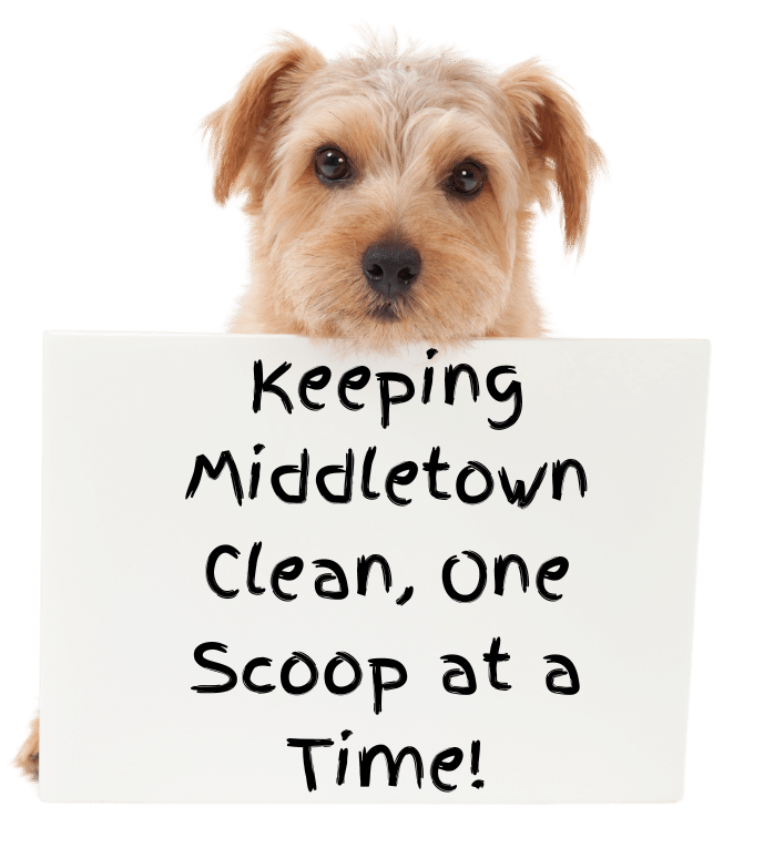 A happy dog holding a sign that reads ‘Keeping Middletown Clean, One Scoop at a Time!’ promoting professional Middletown Delaware pet waste removal services, pooper scooper services in Townsend Delaware, and eco-friendly dog waste cleanup solutions.