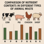 Infographic comparing N, P, and K nutrient levels in cow, pig, chicken, and sheep manure.