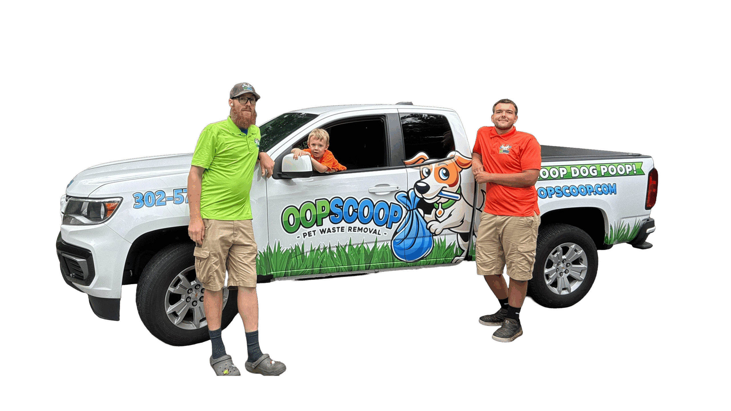 Oop Scoop pet waste removal technicians standing with wrapped truck, joined by child in cab window. Trusted local pooper scooper service in Delaware and Maryland.